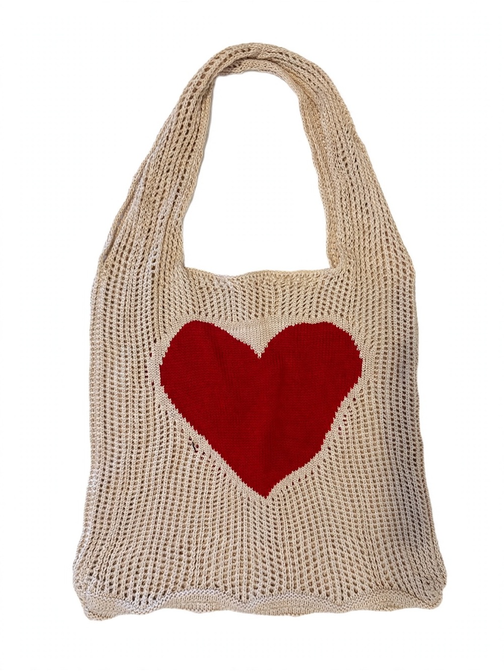Cream Knit Tote Bag with Red Heart